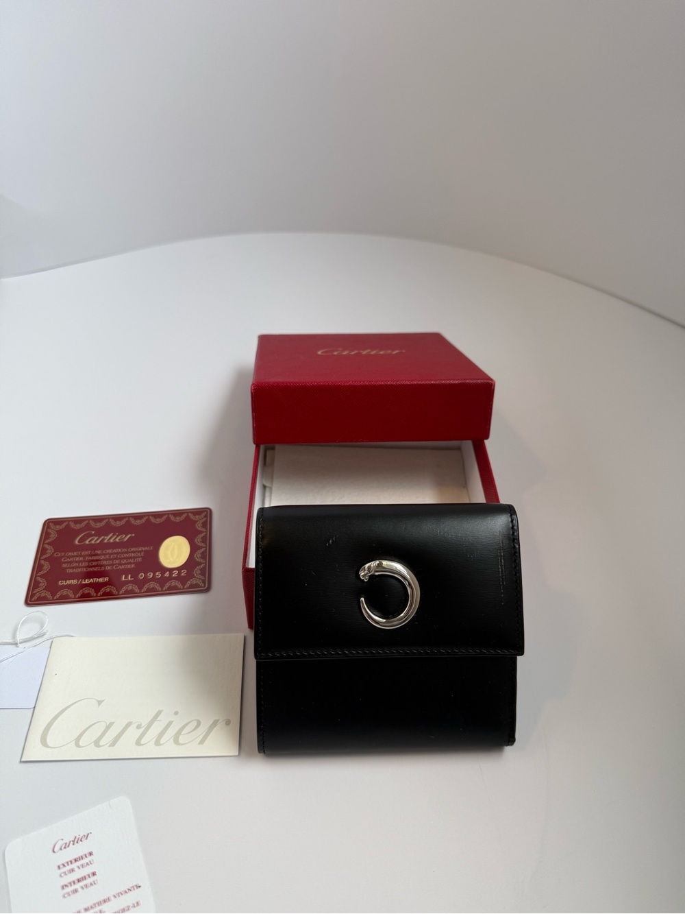 Cartier Panthère Black Leather Bifold Wallet with Silver Panthere Ring Accent